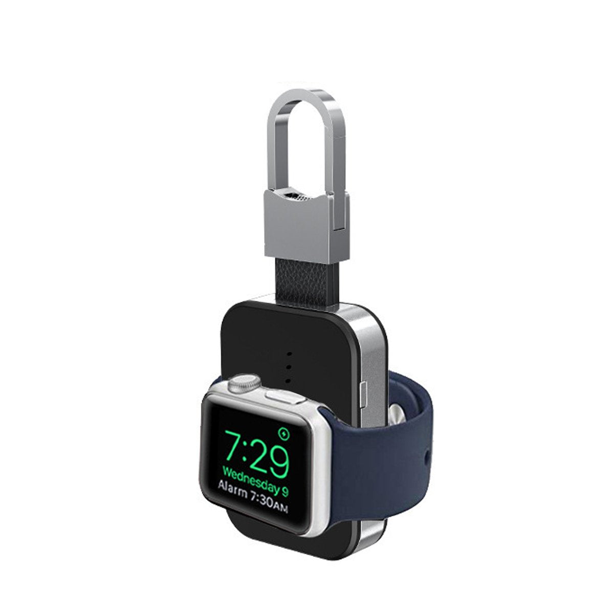 Salmon Lucky Apple Watch wireless charger power bank on key chain, compact tech accessory with charging port and key ring attachment.