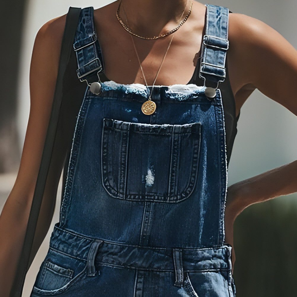 Carmine Juneberry DenimDare™ casual suspender jeans with distressed denim and adjustable suspenders, front view.