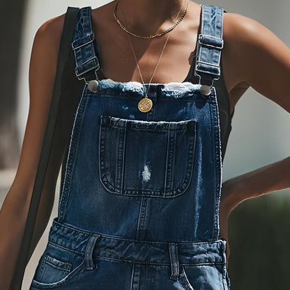 Carmine Juneberry DenimDare™ casual suspender jeans with distressed denim and adjustable suspenders, front view.