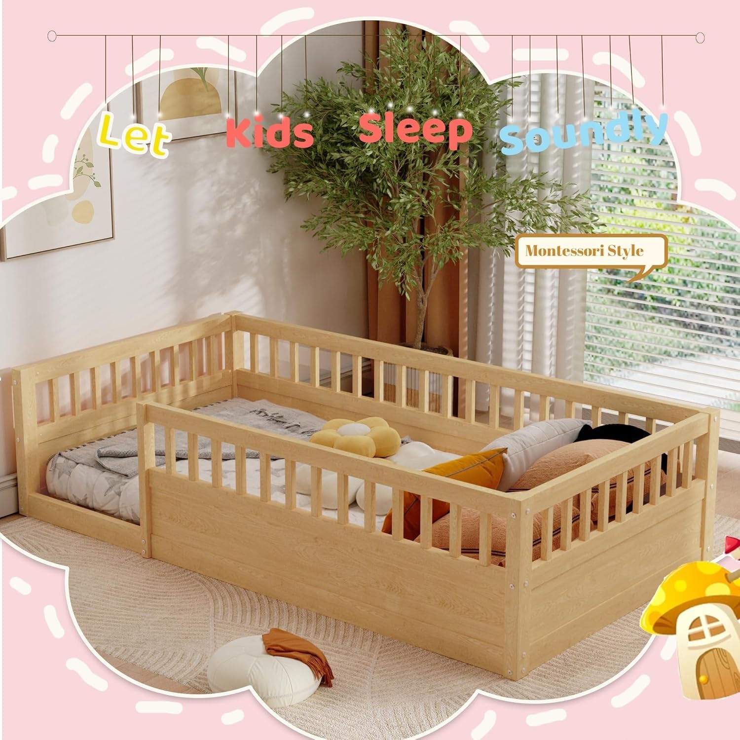 Natural twin Montessori floor bed with high safety rails, crafted by Peach Maple, designed for safe, comfortable children&