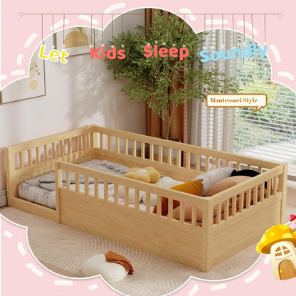 Natural twin Montessori floor bed with high safety rails, crafted by Peach Maple, designed for safe, comfortable children&