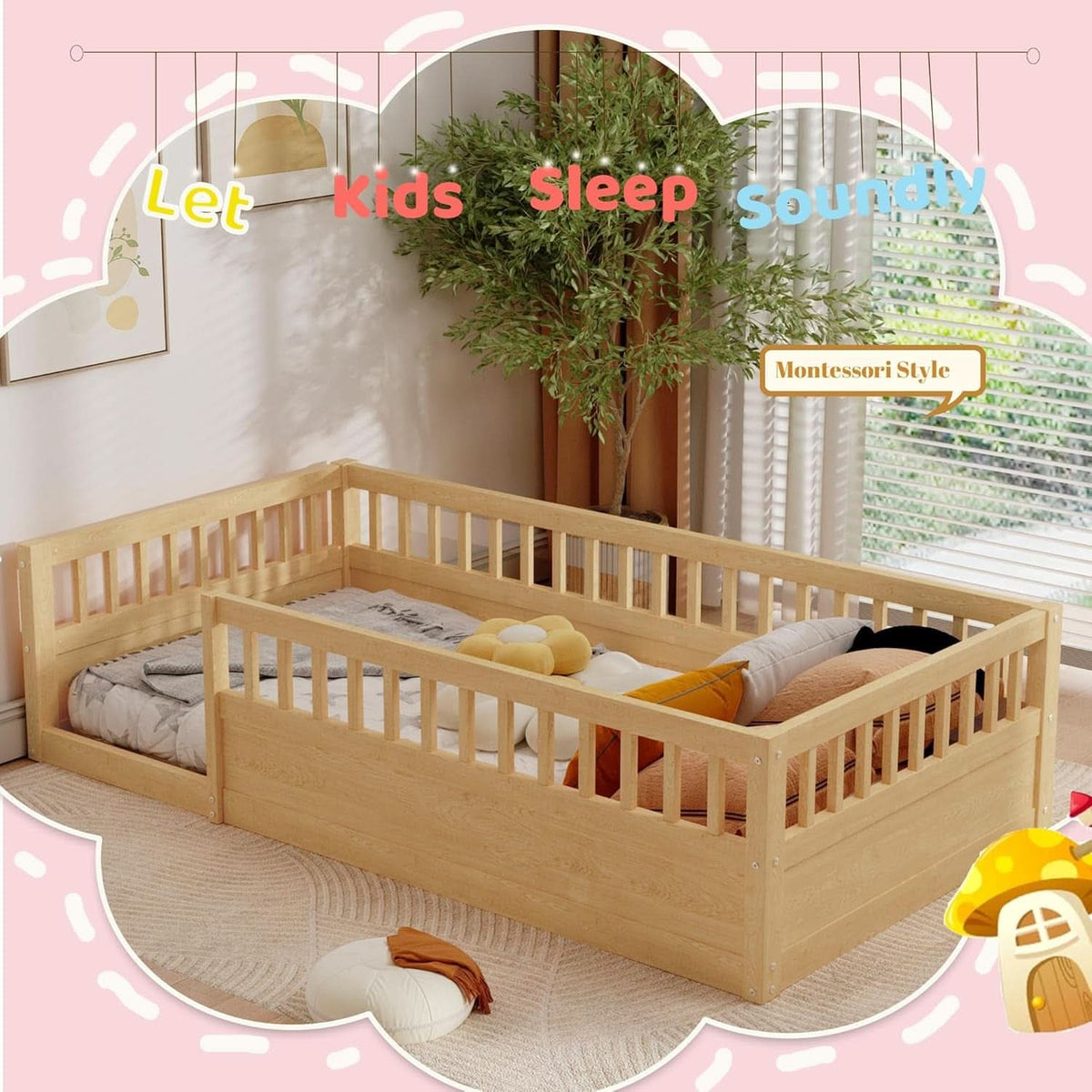 Twin Montessori Floor Bed With High Safety Rails Natural