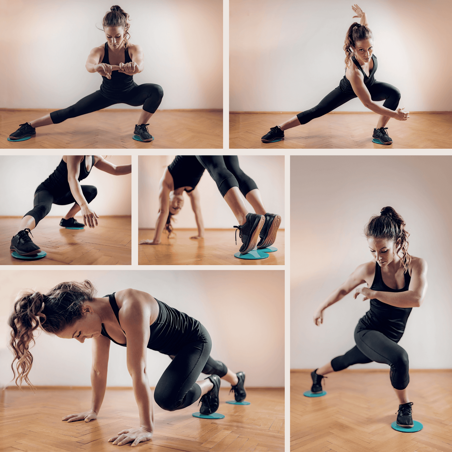 Black Lavender core and abs exercise sliders showing smooth plastic discs on a fitness mat for core workouts.
