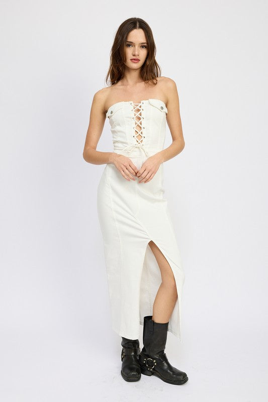 Jade Icarus lace-up corset dress with front slit, fitted women&