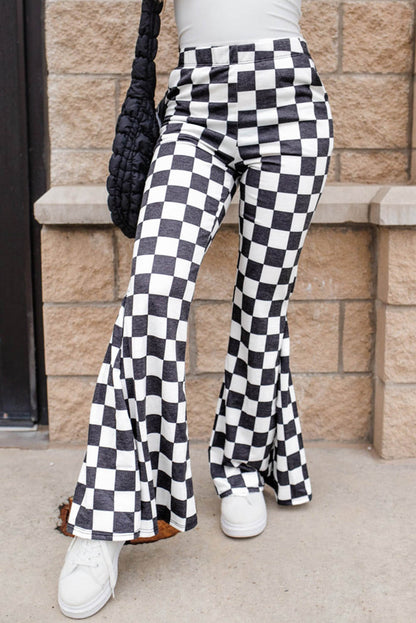 Black checkerboard high-rise casual flared pants by Carmine Juneberry, with a fitted waist and flowing leg style.
