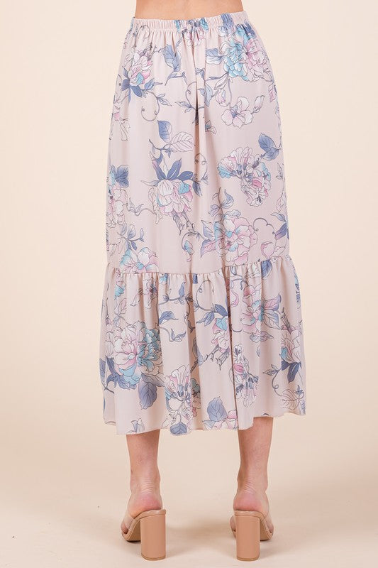 Automotive Jade Icarus Ruffle Bottom Floral Print Skirt with colorful ruffle details and floral pattern.