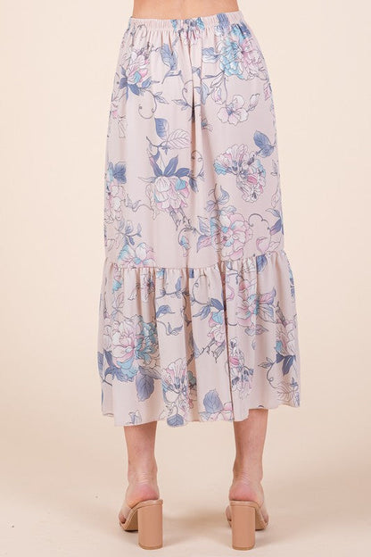 Automotive Jade Icarus Ruffle Bottom Floral Print Skirt with colorful ruffle details and floral pattern.