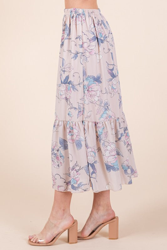 Automotive Jade Icarus Ruffle Bottom Floral Print Skirt with colorful floral pattern and ruffled hem design