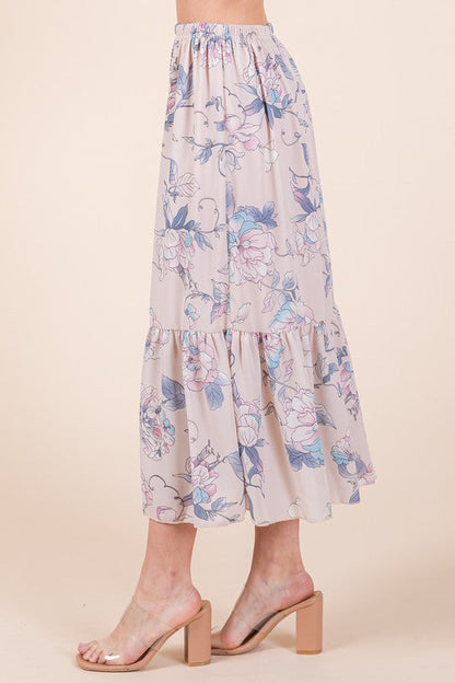 Automotive Jade Icarus Ruffle Bottom Floral Print Skirt with colorful floral pattern and ruffled hem design