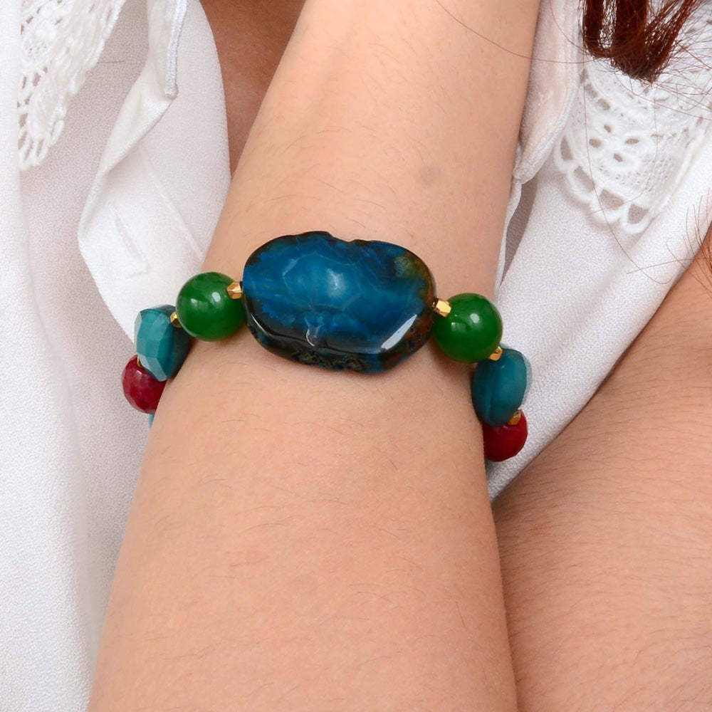 Jeweled blue agate chunky golden stretch bracelet with sparkling accents, stylish jewelry piece from Start2Finish.