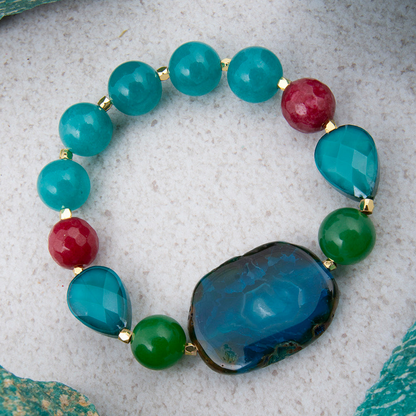 Jeweled blue agate chunky golden stretch bracelet with sparkling accents, stylish jewelry piece from Start2Finish.