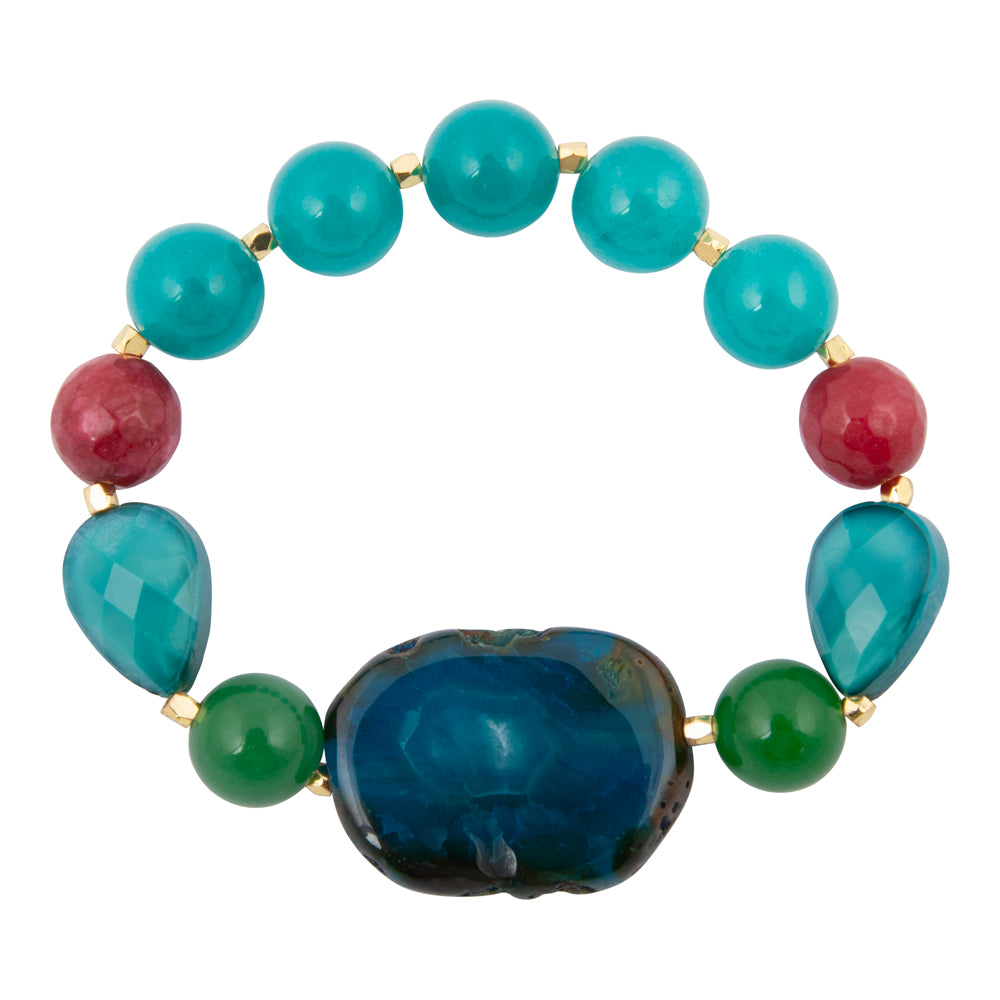Blue agate chunky stretch bracelet with jeweled accents and gold-tone details, stylish jewelry piece by Start2Finish.