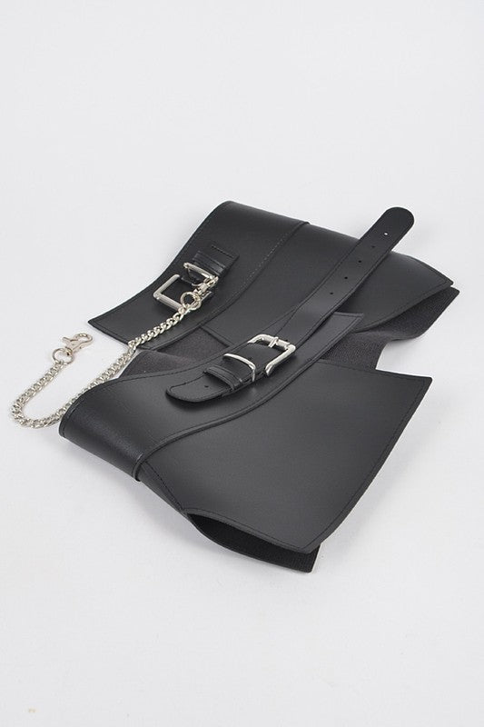 Jade Icarus chain accent faux leather skirt belt with metal chain detail and black faux leather strap on a white background