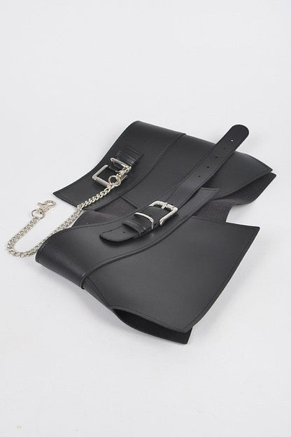 Jade Icarus chain accent faux leather skirt belt with metal chain detail and black faux leather strap on a white background