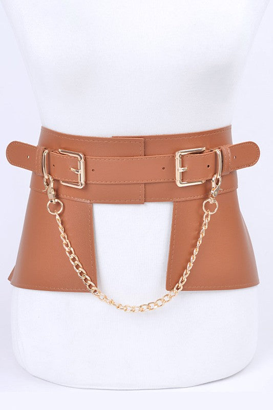 Jade Icarus chain accent faux leather skirt belt with metal chain detail and adjustable buckle on black faux leather.