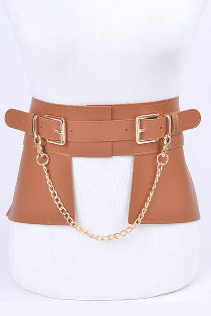 Jade Icarus chain accent faux leather skirt belt with metal chain detail and adjustable buckle on black faux leather.