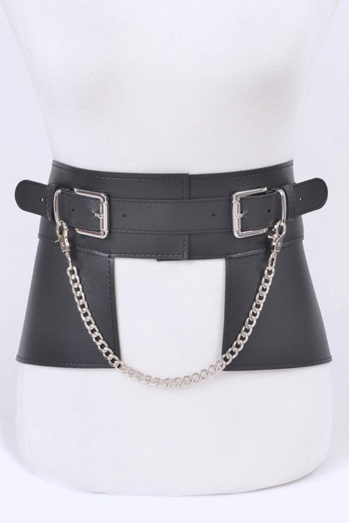 Jade Icarus faux leather belt with chain accent, featuring a stylish design and metal chain detail for added fashion appeal