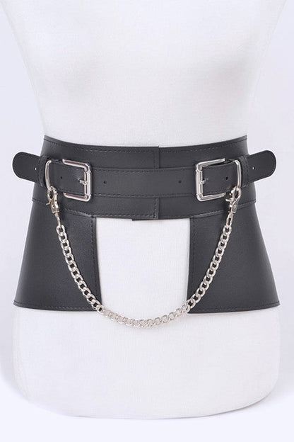 Jade Icarus faux leather belt with chain accent, featuring a stylish design and metal chain detail for added fashion appeal