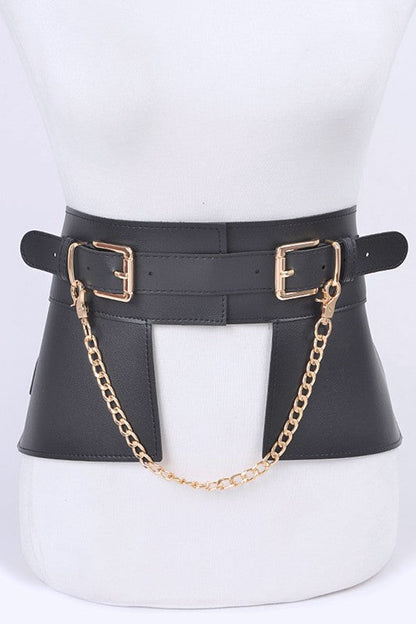 Jade Icarus chain accent faux leather skirt belt with metallic chain detail, black faux leather strap, and adjustable buckle.