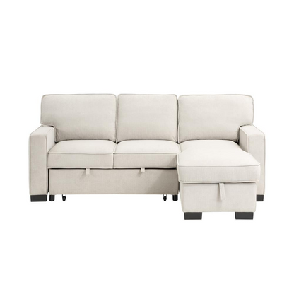 Start2Finish Estelle beige fabric reversible sleeper sectional with storage chaise, drop-down table, 2 cup holders, and 2 USB ports.