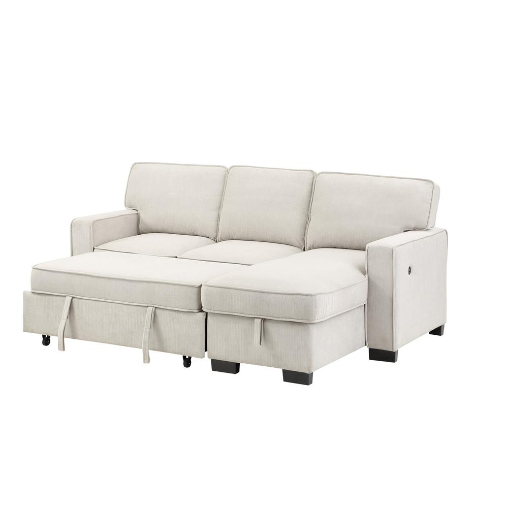 Estelle beige fabric reversible sleeper sectional with storage chaise, drop-down table, two cup holders, and two USB ports by Start2Finish