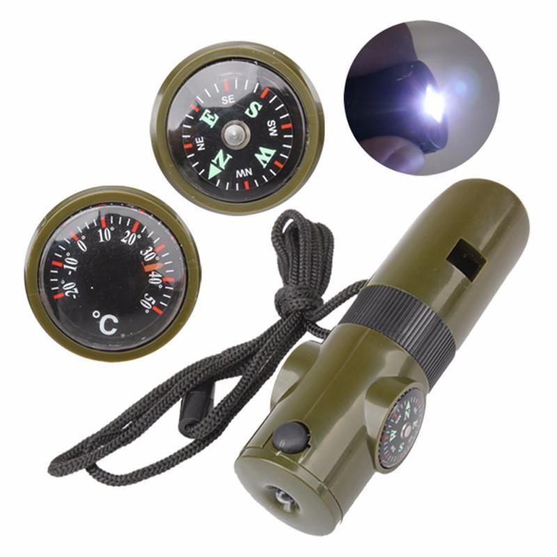 Maroon Asteria seven-in-one camping whistle with compass, flashlight, and tool functions, designed for outdoor survival and safety.