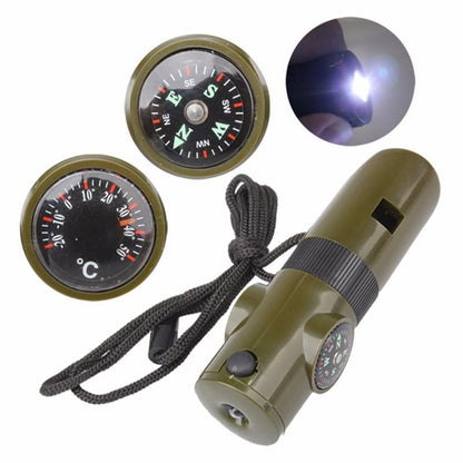 Maroon Asteria seven-in-one camping whistle with compass, flashlight, and tool functions, designed for outdoor survival and safety.