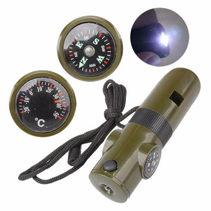 Maroon Asteria seven-in-one camping survival whistle with compass, showing the compact multi-function design and attached lanyard.