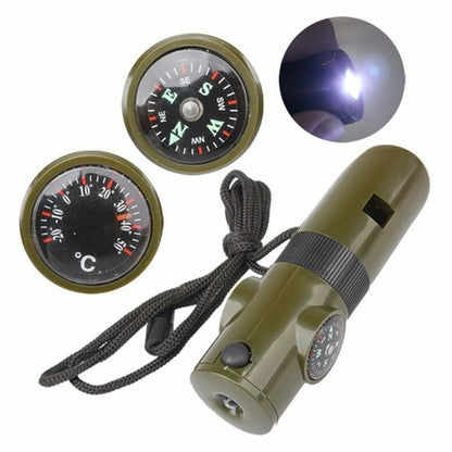 Maroon Asteria seven-in-one camping survival whistle with compass, featuring a compact multi-function design and bright color.