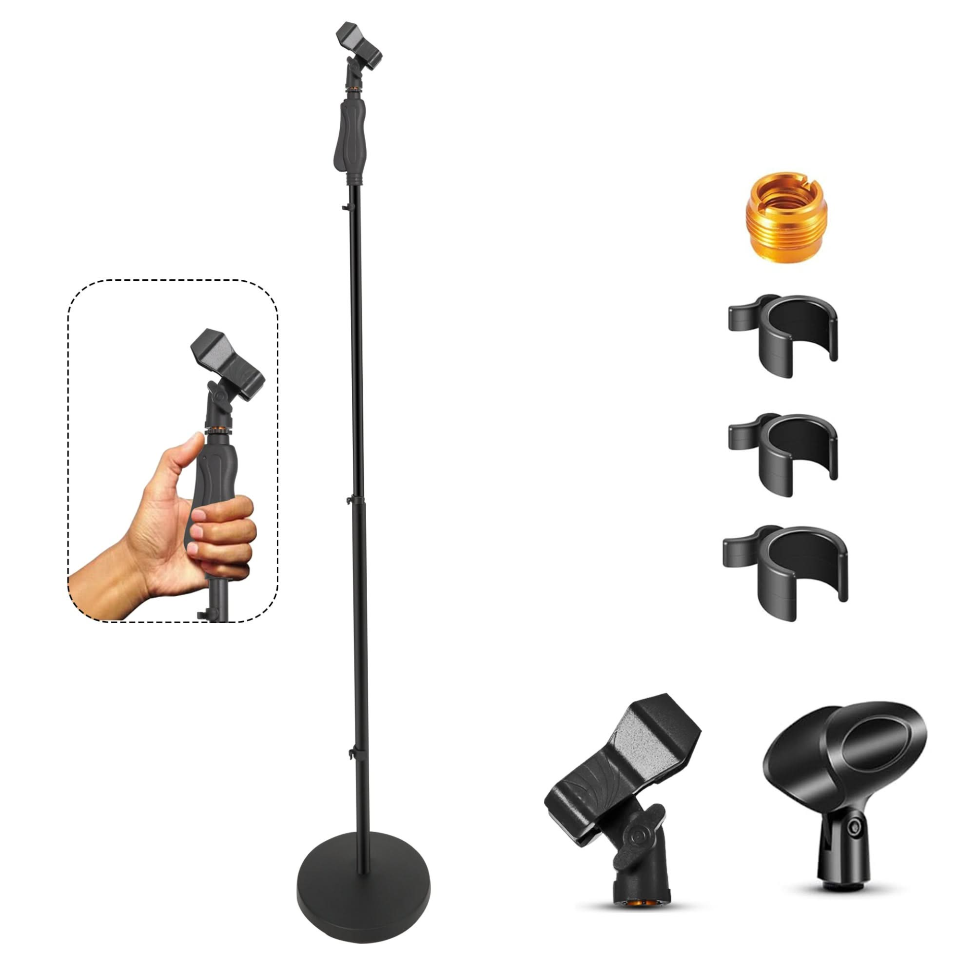 Start2Finish 5 Core microphone stand with adjustable height, round base, quick lock, and 5/8" thread adapter for musical instruments.