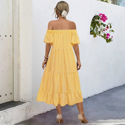 Summer plaid dress for women with puff sleeves by Jade Icarus, featuring a stylish, casual design perfect for warm weather.