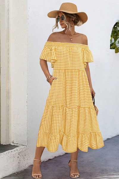 Image of Jade Icarus summer plaid dress for women with puff sleeves, featuring a stylish and casual design.