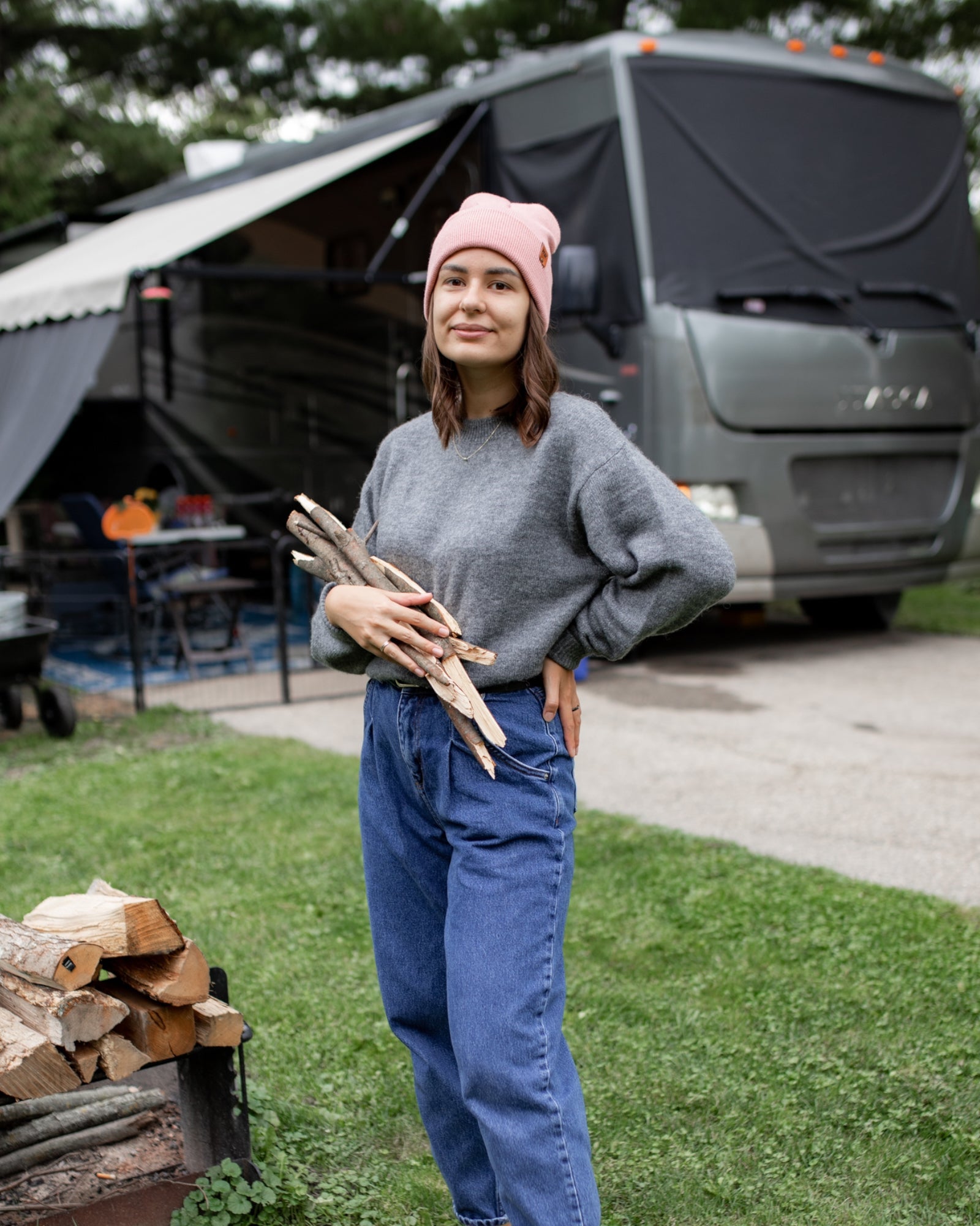 Azure Arrowwood HAAKWEAR knit cuffed beanie in pearl pink, cozy wool hat with a folded cuff and soft knit texture.