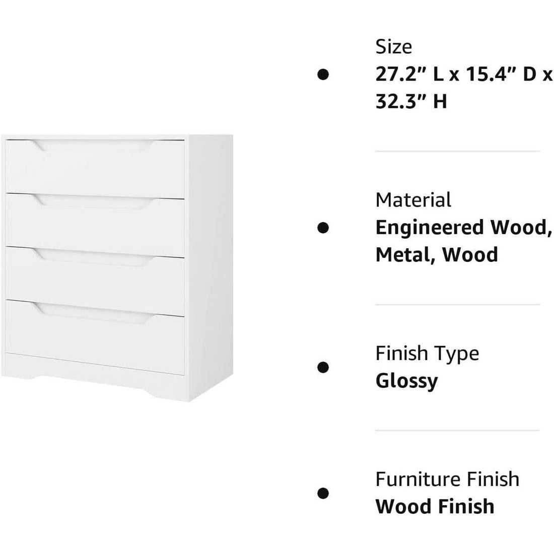 White 4 Drawer Dresser for Bedroom Storage and Clothing Organizer
