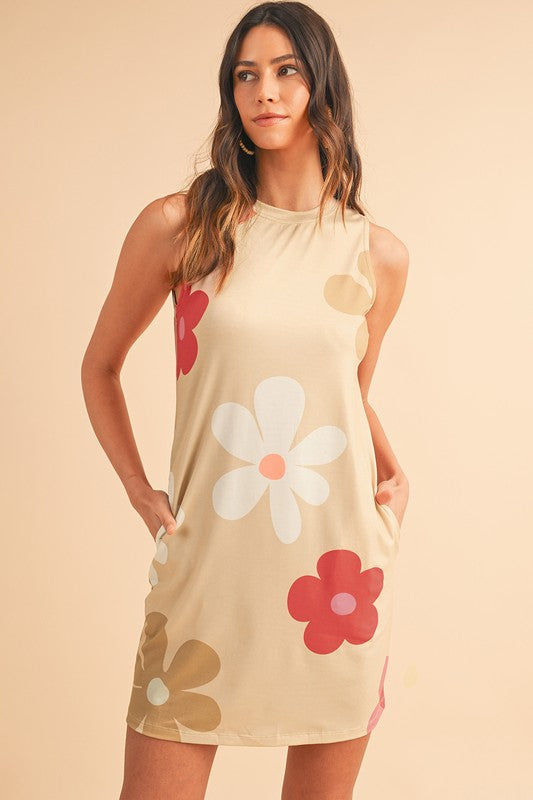 Jade Icarus Daisy Flower Print Tank Dress for women, sleeveless with a vibrant daisy pattern and casual summer style.