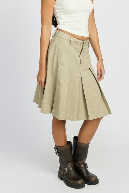 Jade Icarus knee-length pleated skirt in automotive style, featuring a structured, pleated design with a sleek fabric finish.