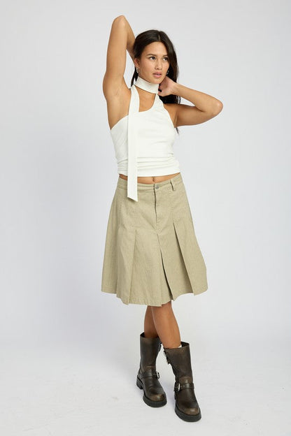 Automotive knee-length pleated skirt by Jade Icarus, featuring a stylish design with pleats and a knee-length cut.