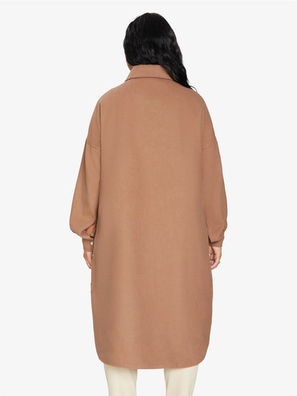 Rose Eleusis oversized longline shacket in neutral tones, featuring a relaxed fit and button-front design for casual layered style.