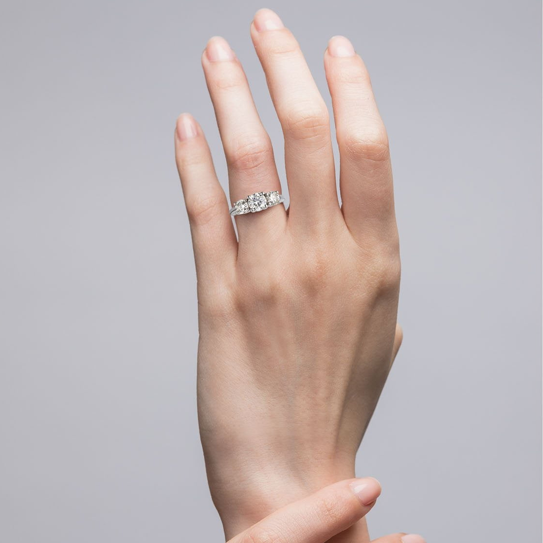Start2Finish 2 CTW AGI certified lab-grown diamond three-stone engagement ring in 14K yellow or white gold.