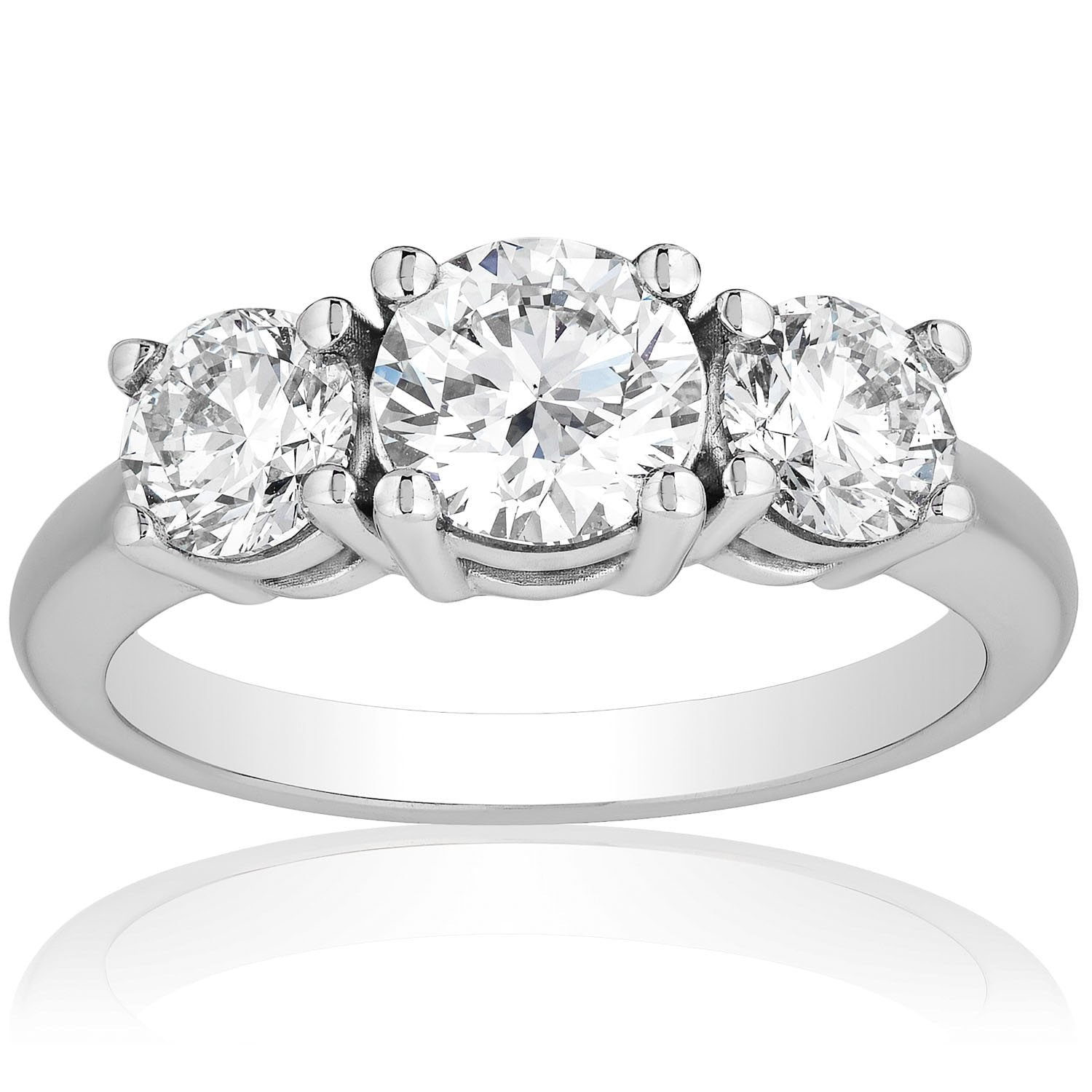 Start2Finish 14K gold three-stone engagement ring with 2 carats of lab-grown G-VS diamonds, available in yellow or white gold.