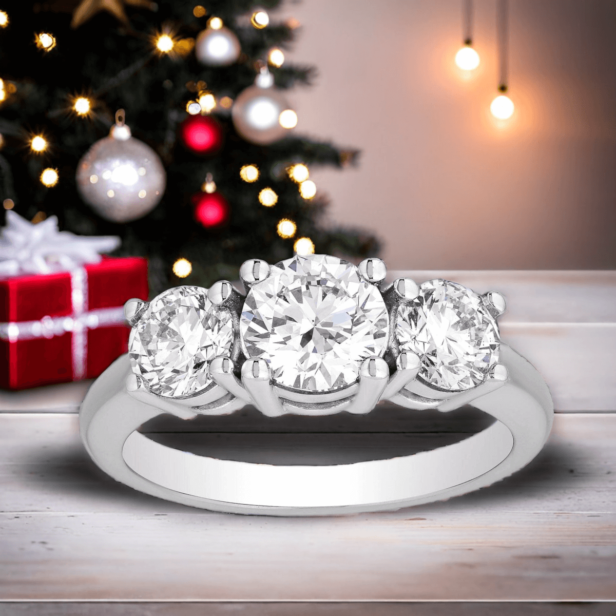 Start2Finish 2 CTW AGI Certified Lab Grown Diamond three-stone engagement ring in 14K yellow or white gold, G-VS clarity.
