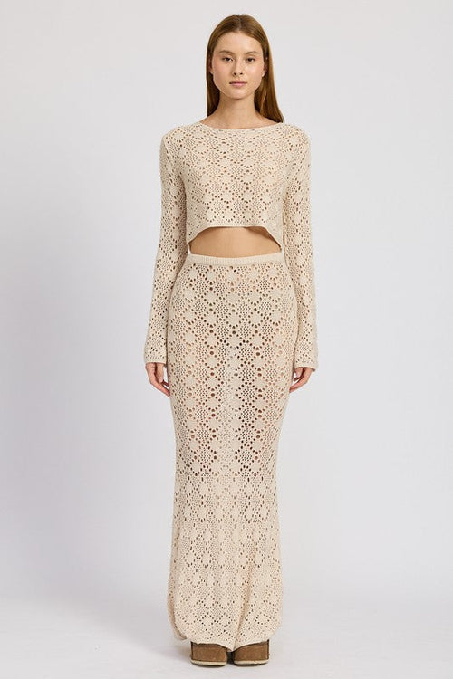 Jade Icarus Mermaid Maxi Crochet Skirt for women, flowing and intricately crocheted, perfect for beach or summer wear.