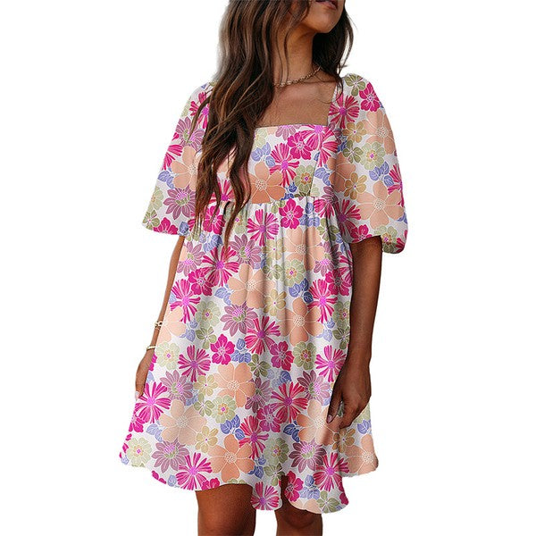 Women’s square neck puff sleeve babydoll dress by Jade Icarus, featuring a stylish silhouette and feminine details.
