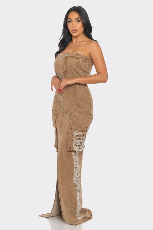 Vintage washed distressed cargo maxi dress from Jade Icarus, featuring a relaxed fit and rugged, worn-in fabric.