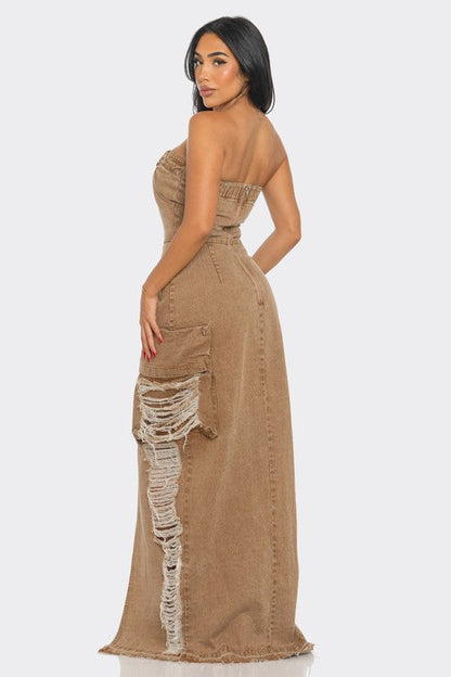 Vintage washed distressed cargo maxi dress by Jade Icarus, featuring a relaxed fit and rugged, worn-in fabric.