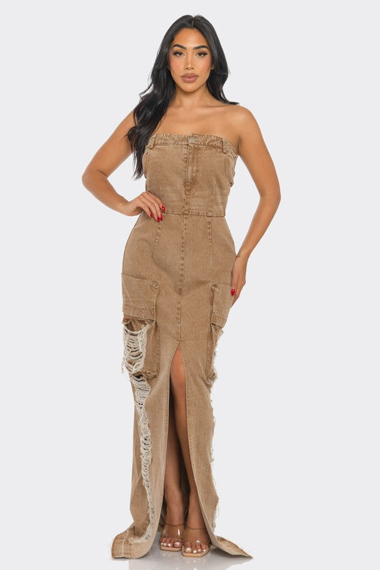 Vintage washed distressed cargo maxi dress by Jade Icarus, featuring a relaxed fit and rugged, stylish design.