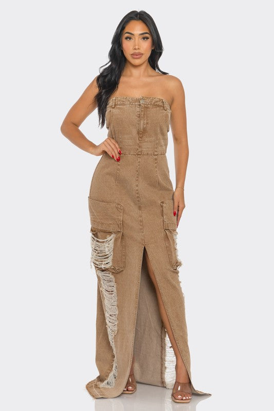 Vintage washed distressed cargo maxi dress by Jade Icarus, featuring a relaxed fit and rugged, worn-in denim fabric.