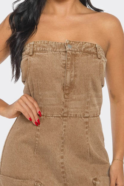 Vintage washed distressed cargo maxi dress by Jade Icarus, featuring a relaxed fit with cargo pockets and faded denim texture.