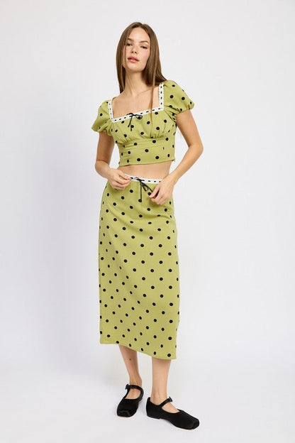 Polka dot midi skirt with lace trim for women by Jade Icarus, featuring a flowing design and feminine pattern.