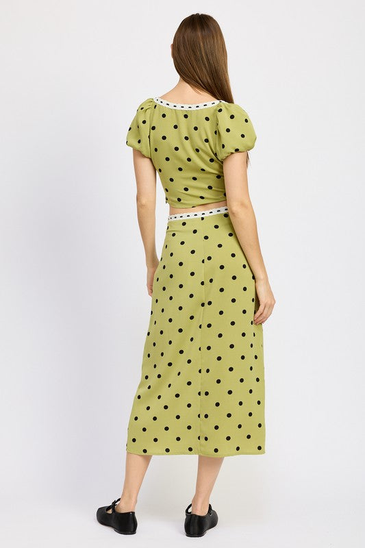 Jade Icarus polka dot midi skirt with lace trim, lightweight women&